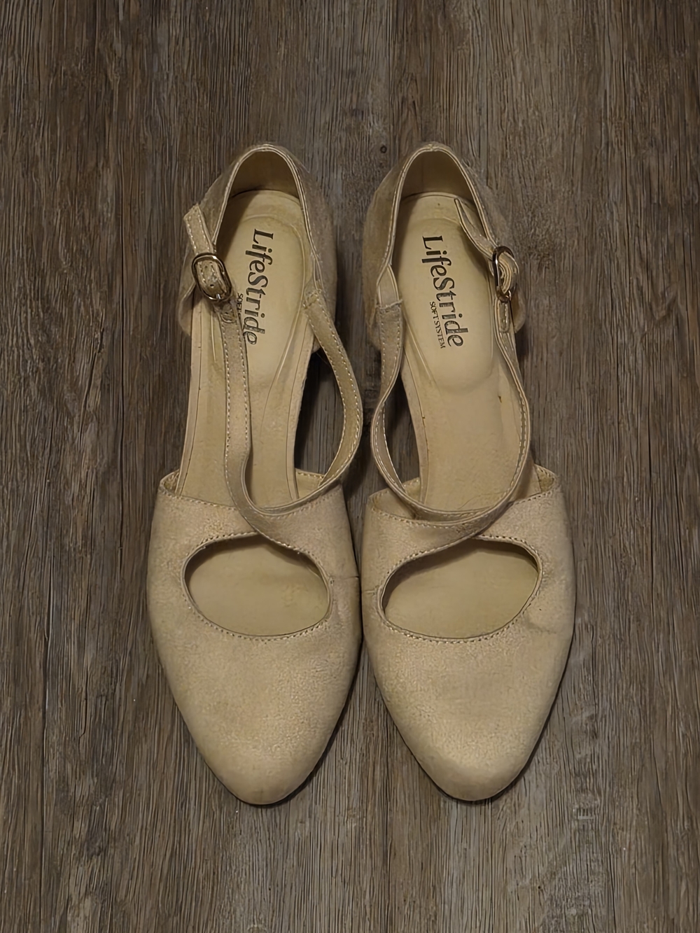Life Stride Beige/Cream T-Strap Pointed Heels